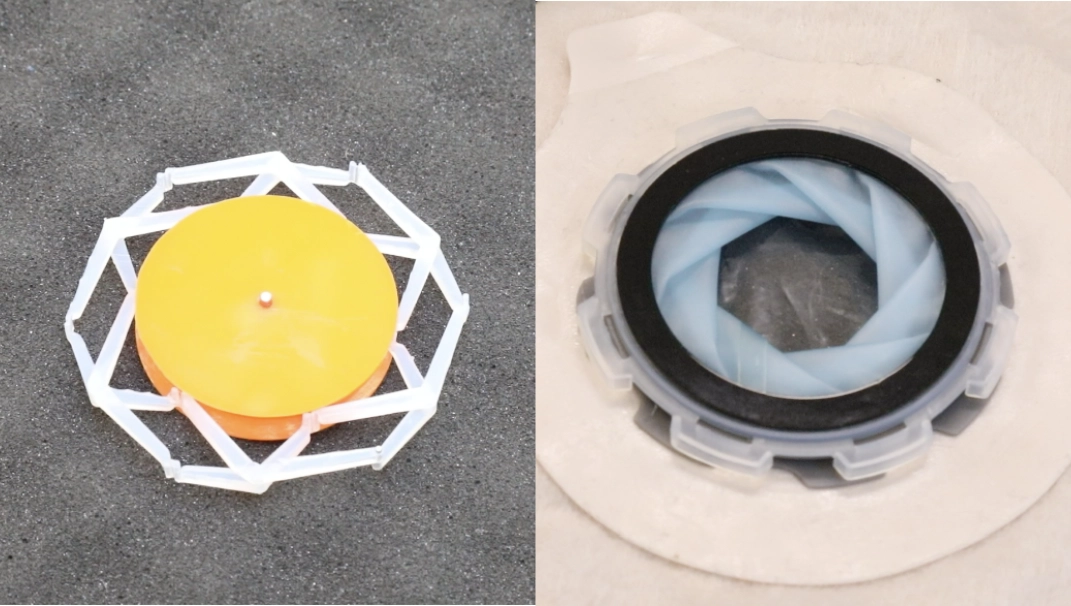 Two prototype ostomy coupling mechanisms — a linkage-based skeletal disc and a polymer-film iris aperture.