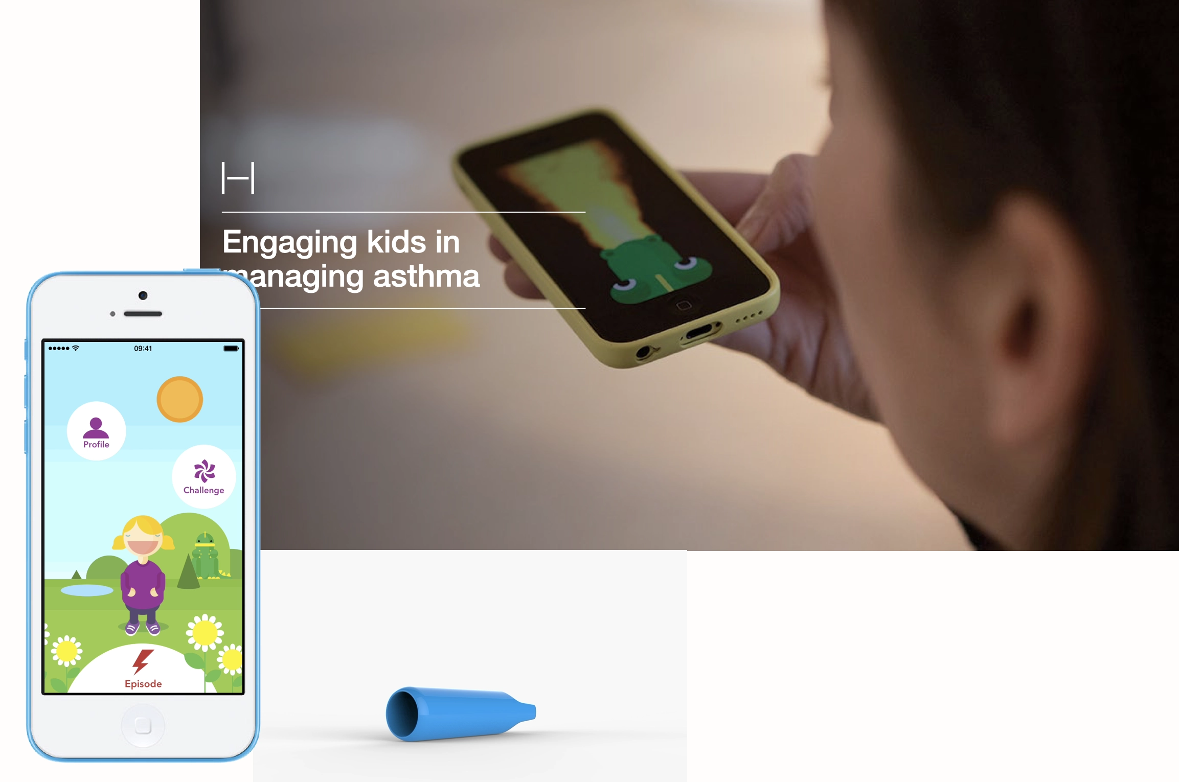 A child using the asthma-management phone app with an animated frog character, and the blue plastic breath-sensing mouthpiece.