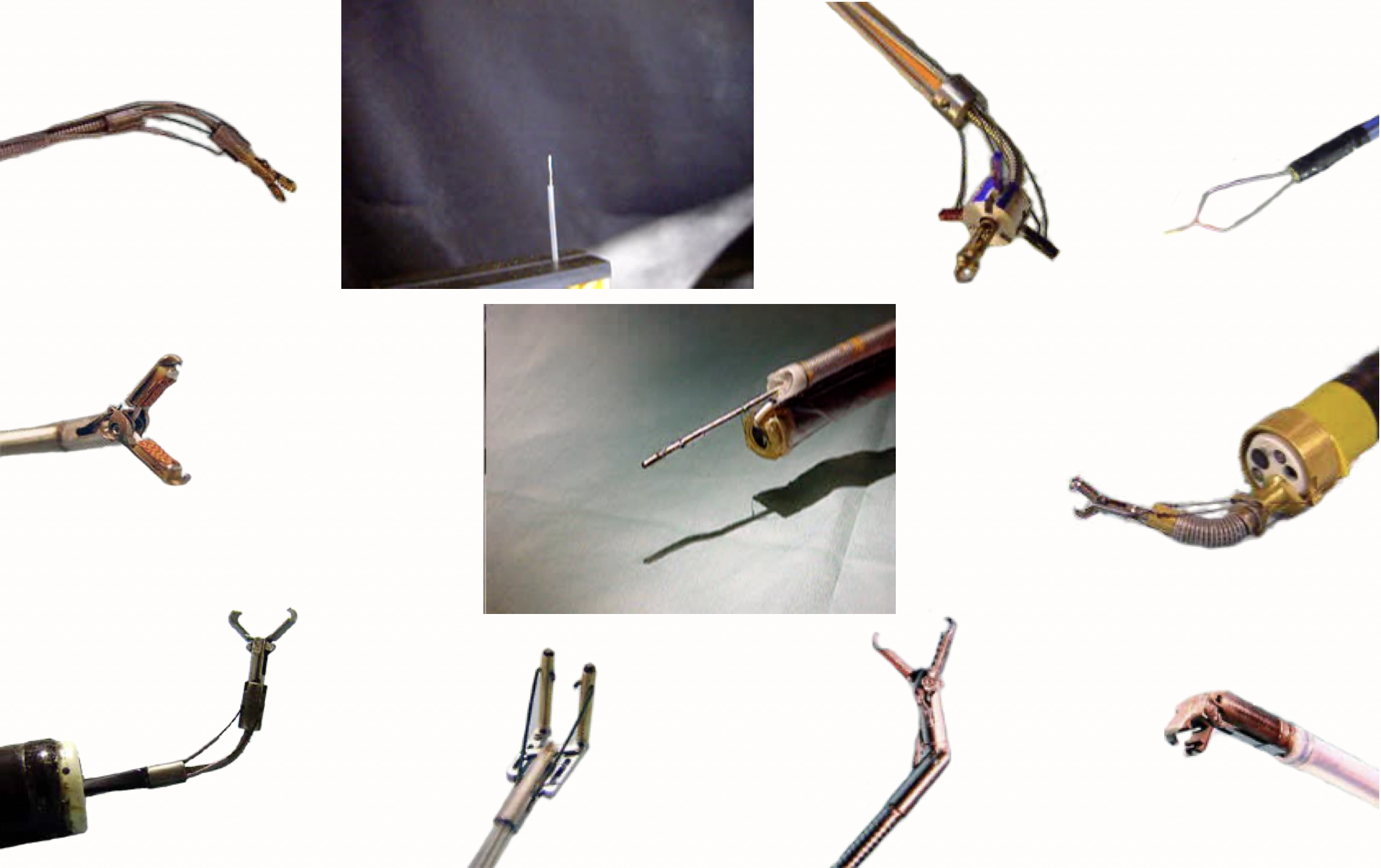 Photo collage of articulating surgical instrument tips and prototype grasper mechanisms.
