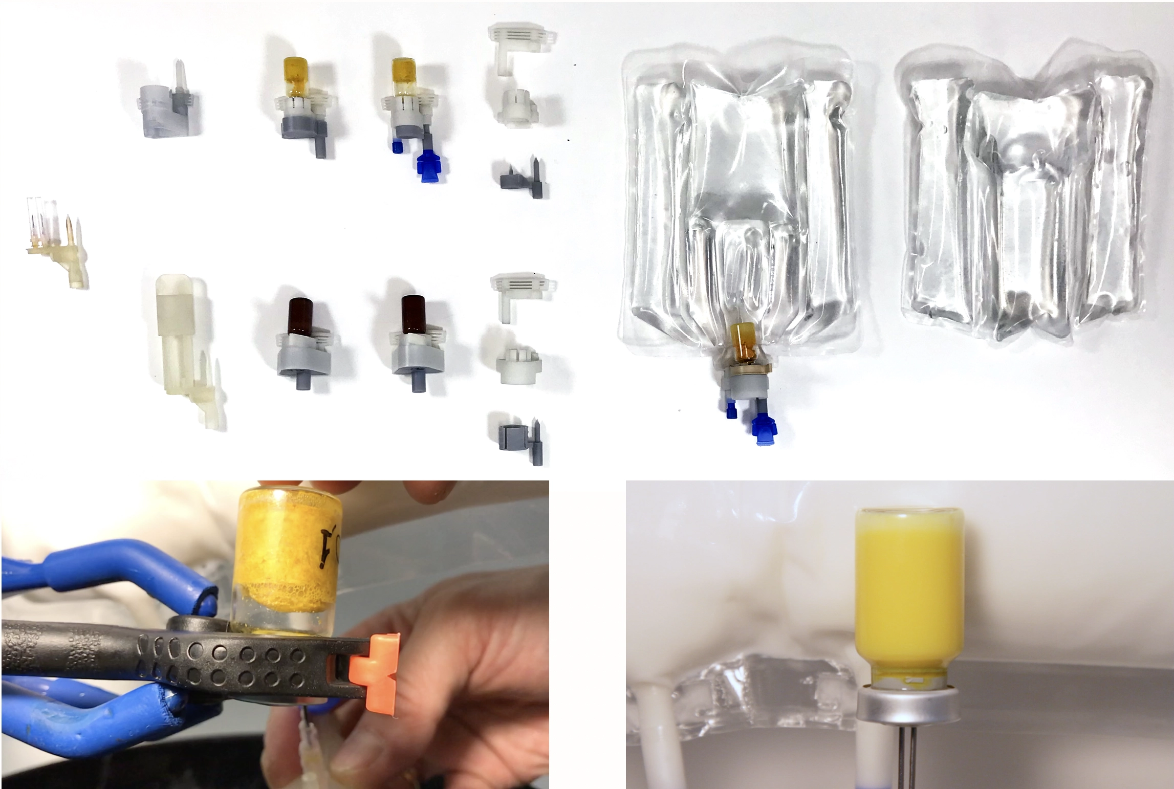 Photo collage of IV bag connector components, vacuum-sealed bags, and a vial being fitted onto the device by hand.